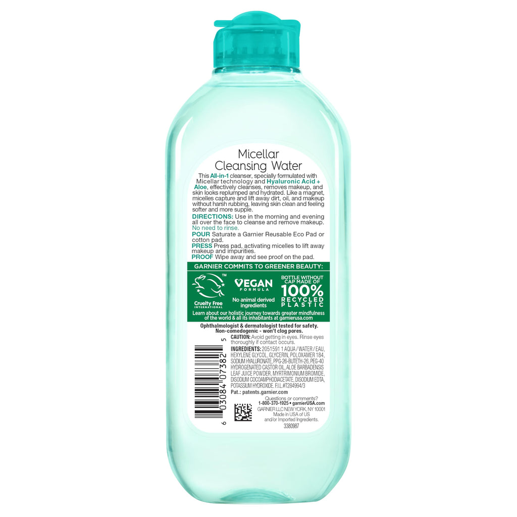 Garnier Micellar Water with Hyaluronic Acid, Facial Cleanser & Makeup Remover, Hydrating and Plumping, For All Skin Types, Vegan, Cruelty Free, 13.5 Fl Oz (400mL), 2 Count