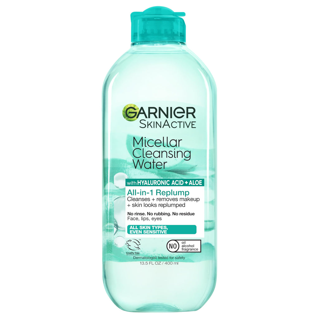 Garnier Micellar Water with Hyaluronic Acid, Facial Cleanser & Makeup Remover, Hydrating and Plumping, For All Skin Types, Vegan, Cruelty Free, 13.5 Fl Oz (400mL), 2 Count
