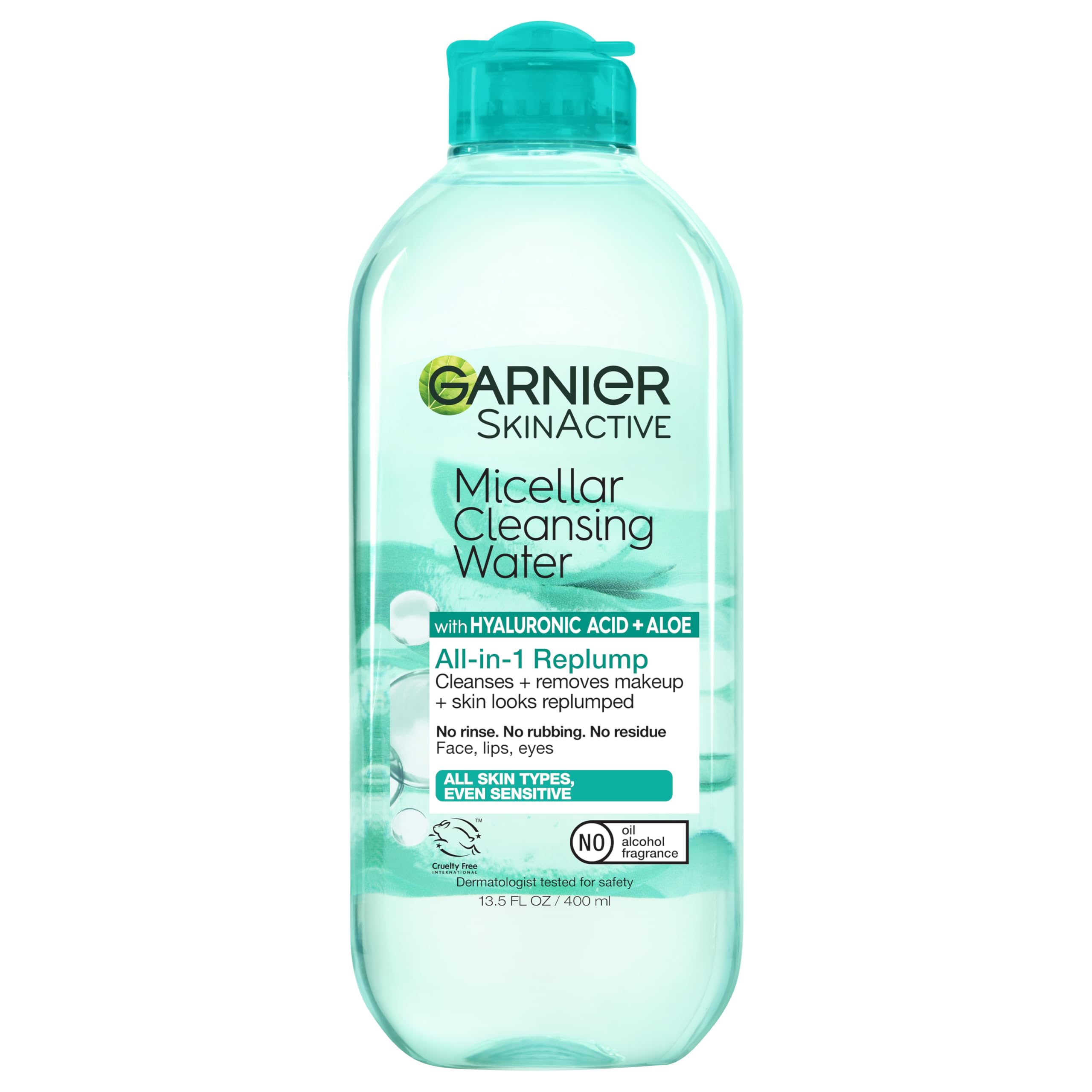 Garnier Micellar Water with Hyaluronic Acid, Facial Cleanser & Makeup Remover, Hydrating and Plumping, For All Skin Types, Vegan, Cruelty Free, 13.5 Fl Oz (400mL), 2 Count